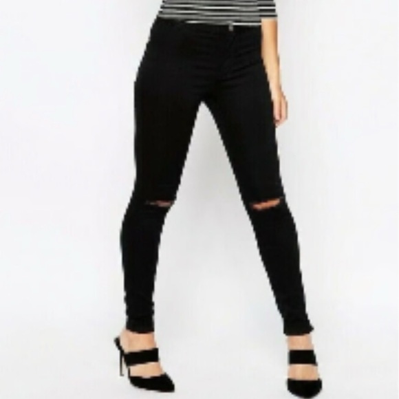 ASOS High Rise Skinny Jeans Pants Solid Black Distressed Size 26 Waist Stretchy - Picture 1 of 10